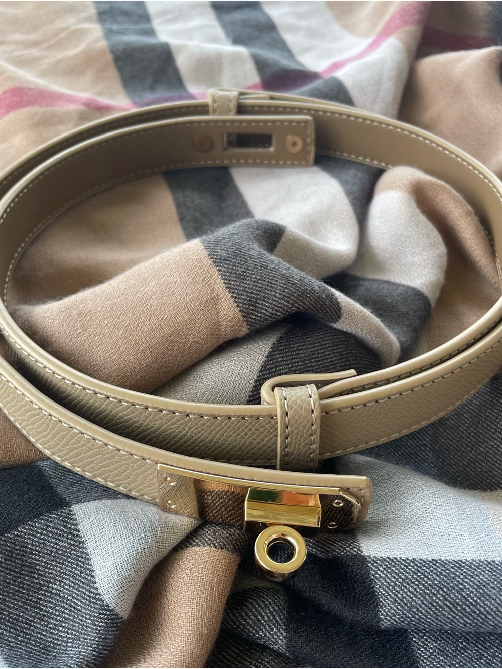 Adjustable Sliding Lock Skinny Beige Leather Belt